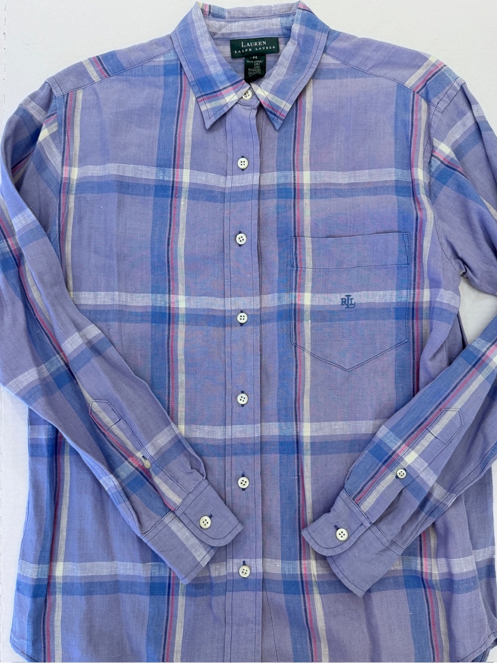 Lauren Ralph Lauren Womens 100% Linen Plaid Button Up Purple Blue Medium Preppy - Picture 1 of 9